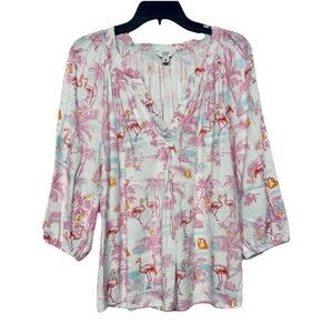 Crown & Ivy Blousy Pink Flamingo Pullover Top Summer Beachy Tropical Size Small